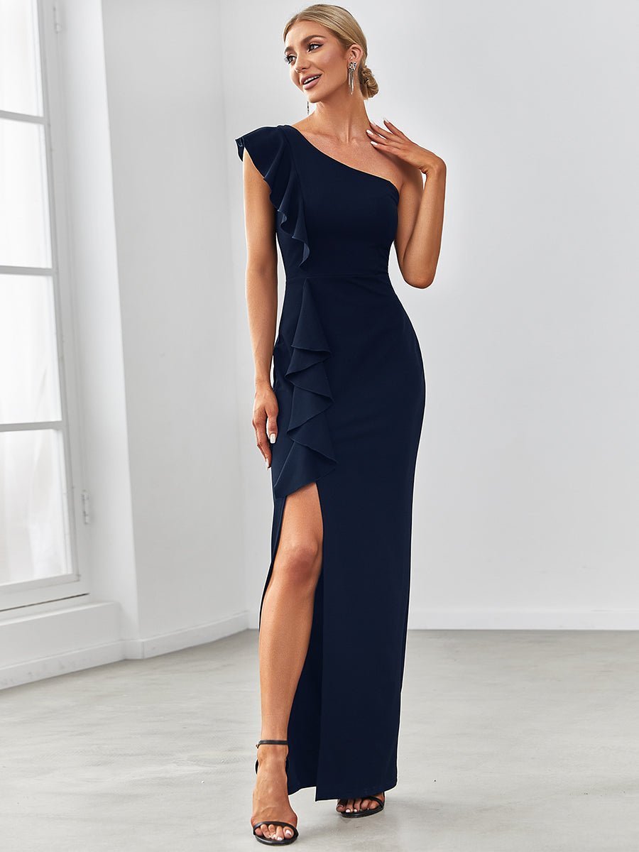 Caroline one shoulder dress with split in navy size 10-12 Express NZ wide - Bay Bridal and Ball Gowns