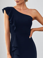 Caroline one shoulder dress with split in navy size 10-12 Express NZ wide - Bay Bridal and Ball Gowns