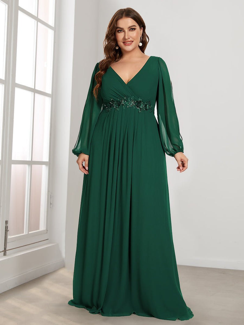 Cindy long sleeved ball gown in Emerald green, size 28 Express NZ wide - Bay Bridal and Ball Gowns