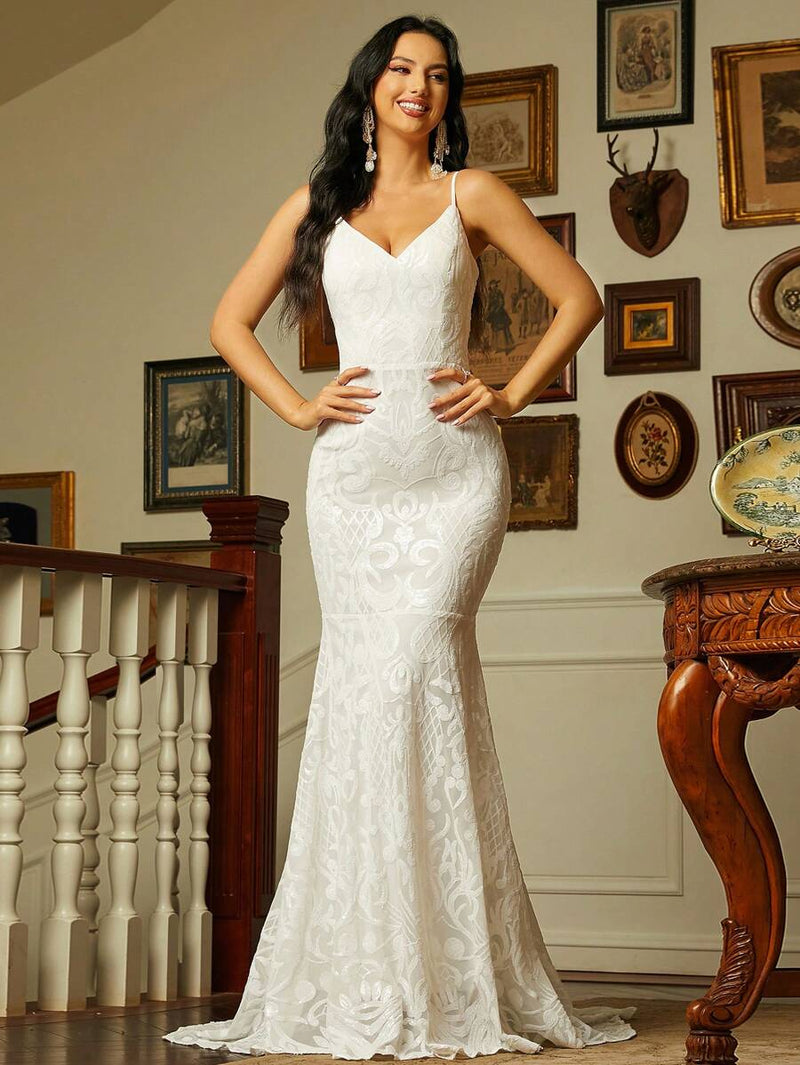 Cinnamon sequin patterned wedding gown s8 Express NZ wide - Bay Bridal and Ball Gowns
