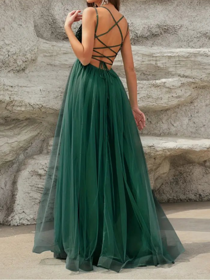 Constance strappy back satin ball dress in ever green Bay Bridal
