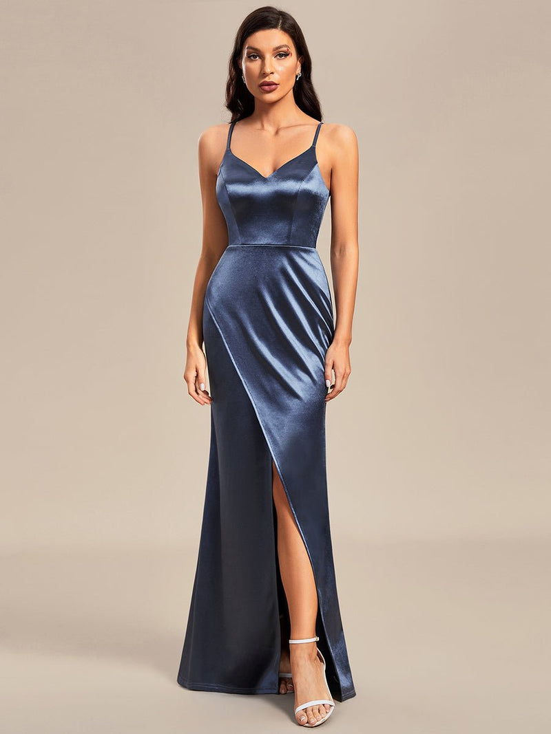 Cora satin thin strap ball or evening dress with split Express NZ wide - Bay Bridal and Ball Gowns