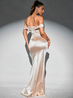 Coral off shoulder satin gown in light gold s6 Express NZ wide - Bay Bridal and Ball Gowns