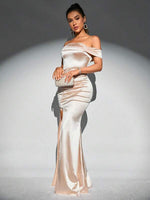 Coral off shoulder satin gown in light gold s6 Express NZ wide - Bay Bridal and Ball Gowns