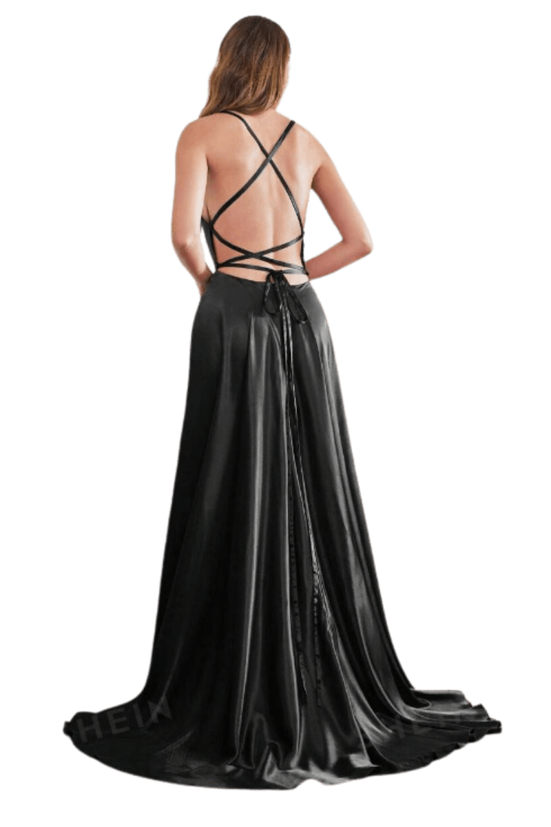 Darcy black satin ball dress with split Express NZ wide - Bay Bridal and Ball Gowns