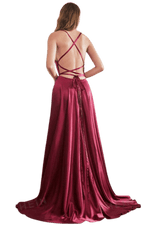 Darcy burgundy satin ball dress with split Express NZ wide - Bay Bridal and Ball Gowns