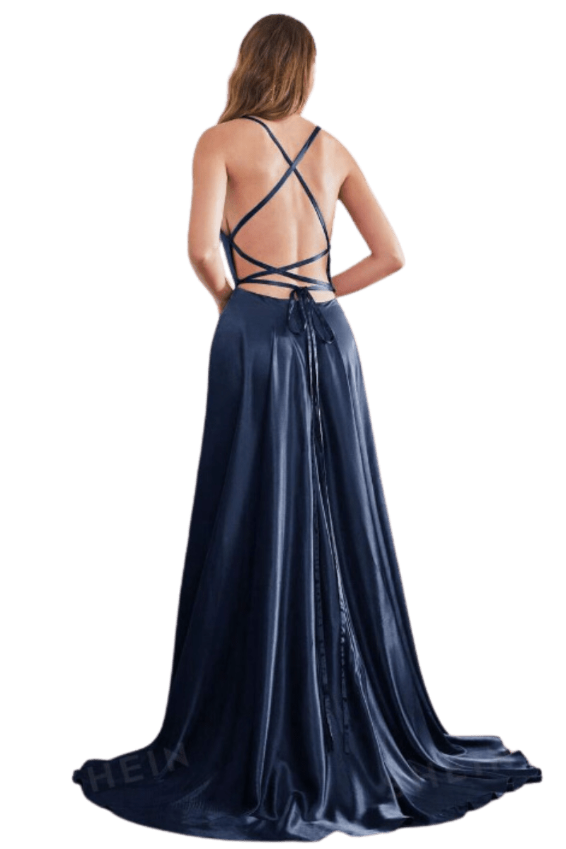 Darcy navy satin ball dress with split s10 Express NZ wide - Bay Bridal and Ball Gowns