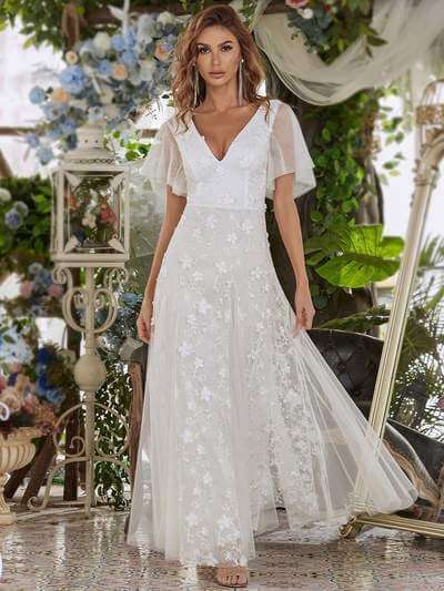 Deidre flutter sleeve lace wedding dress in ivory size 8 Express NZ wide - Bay Bridal and Ball Gowns