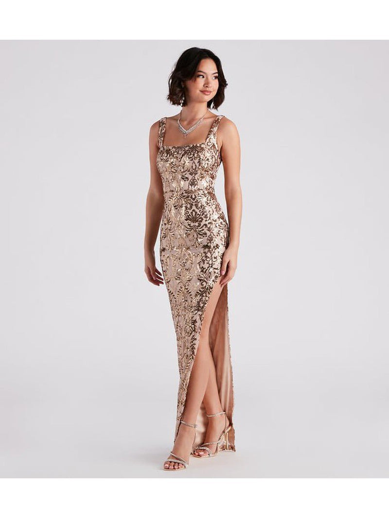 Denny square neck sequin ball gown in gold Express NZ wide - Bay Bridal and Ball Gowns