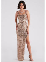 Denny square neck sequin ball gown in gold Express NZ wide - Bay Bridal and Ball Gowns