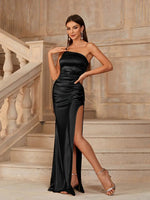 Desaree one shoulder satin dress in black Express NZ wide - Bay Bridal and Ball Gowns