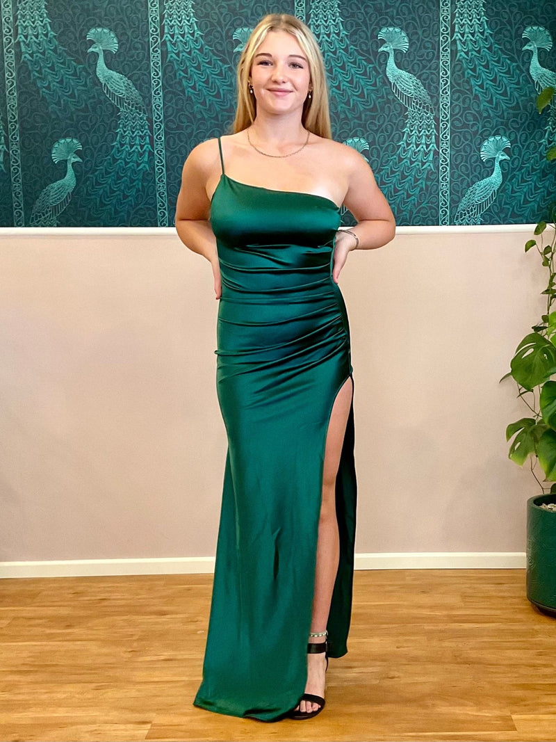Desaree one shoulder satin dress in emerald Express NZ wide - Bay Bridal and Ball Gowns