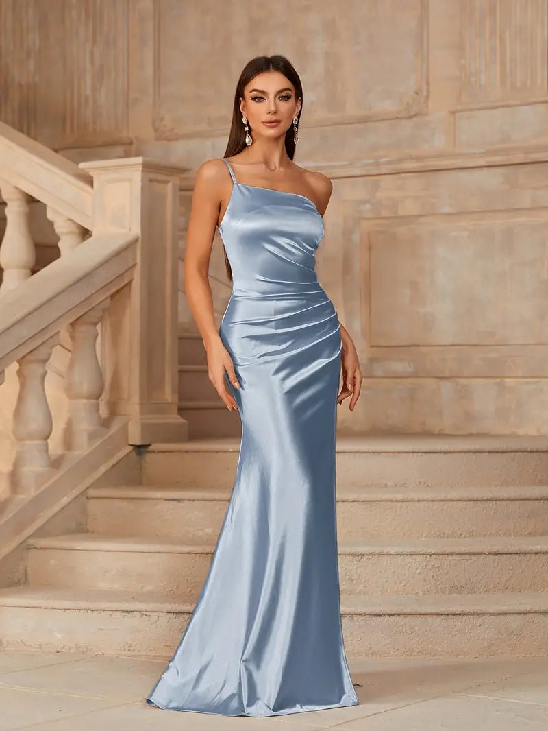 Desaree one shoulder satin dress in light blue size 6 Express NZ wide - Bay Bridal and Ball Gowns