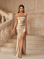 Desaree one shoulder satin dress in light gold Express NZ wide - Bay Bridal and Ball Gowns