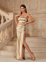Desaree one shoulder satin dress in light gold Express NZ wide - Bay Bridal and Ball Gowns