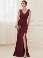 Dhara pencil formal dress with deep V neck in burgundy Express NZ wide - Bay Bridal and Ball Gowns