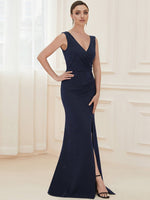 Dhara pencil split formal ball dress with deep V neck and split - Bay Bridal and Ball Gowns