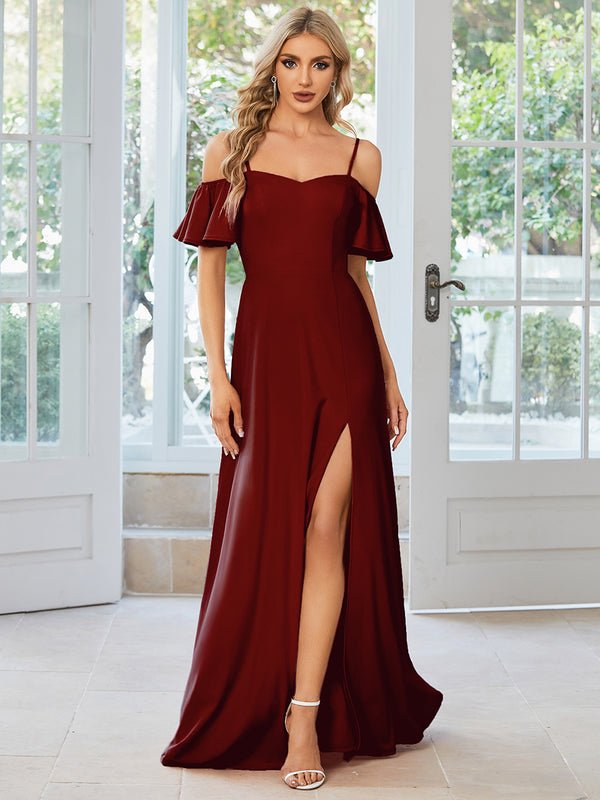 Diamond burgundy drop sleeve ball dress with split Express NZ wide - Bay Bridal and Ball Gowns