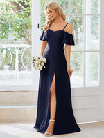 Diamond navy drop sleeve ball dress with split Express NZ wide - Bay Bridal and Ball Gowns