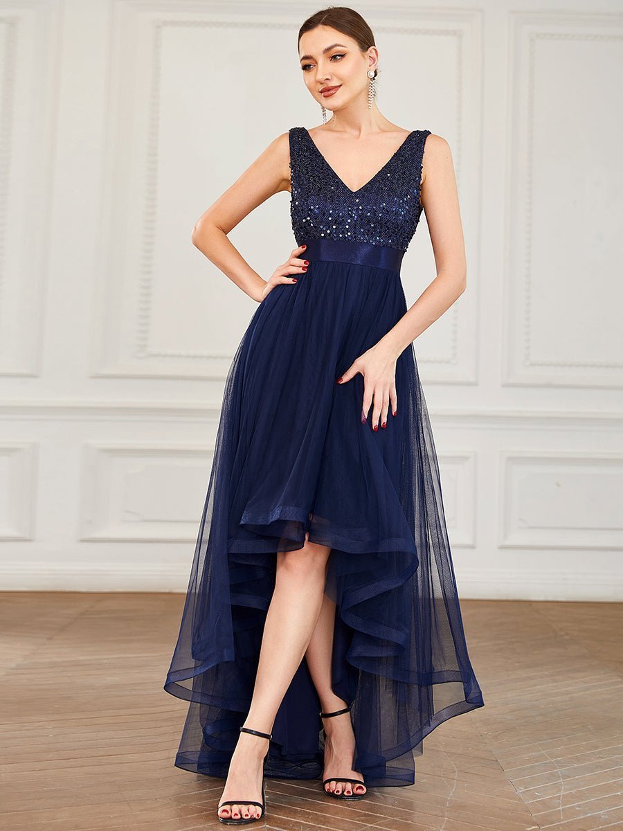 Dina navy high low tulle and sequin ball dress s10 Express NZ wide - Bay Bridal and Ball Gowns