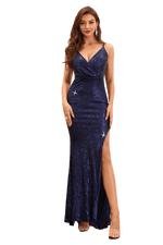 Dion full sequin ball dress with side split in navy blue s12 Express NZ wide! - Bay Bridal and Ball Gowns