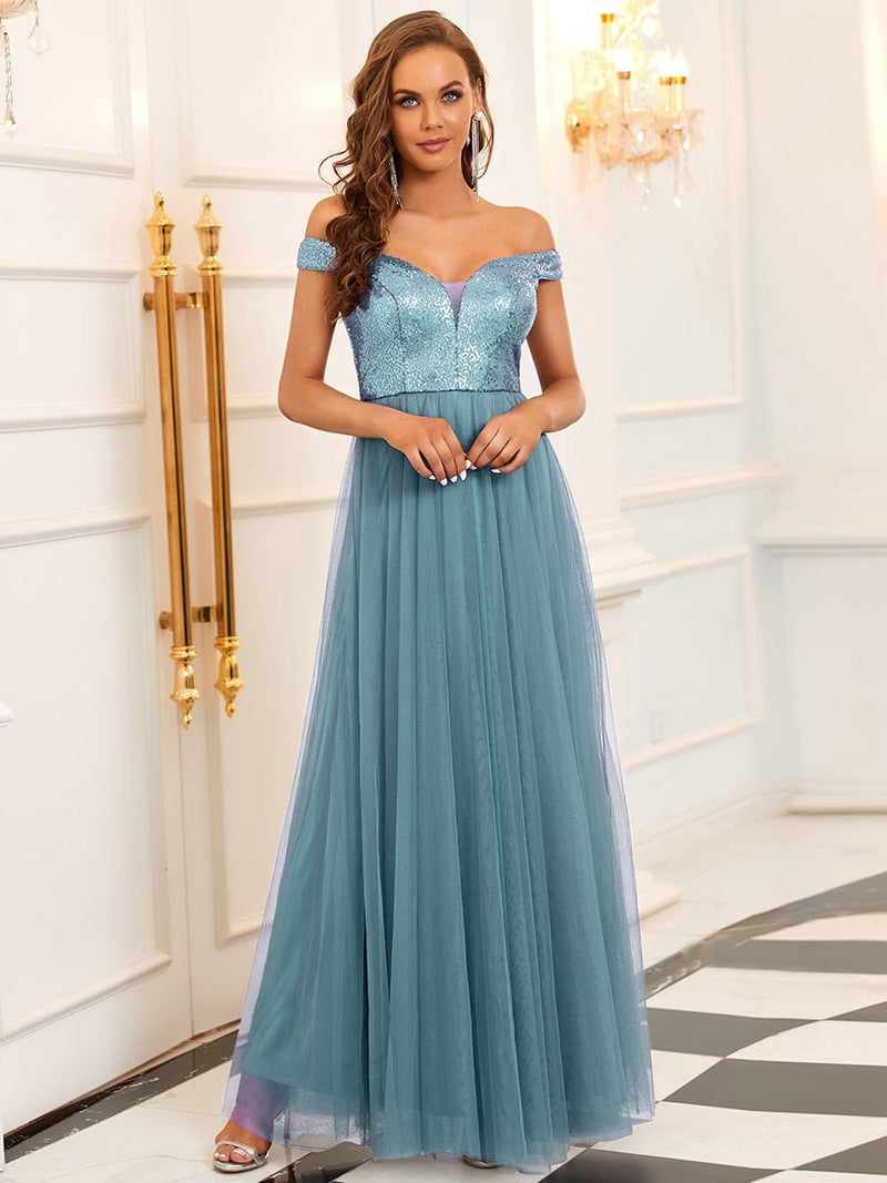 Dorine ball dress with sequins and tulle in dusky blue Express NZ wide - Bay Bridal and Ball Gowns
