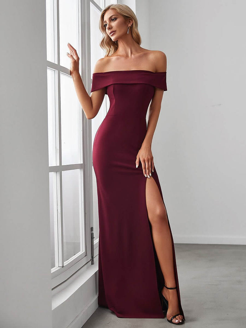 Eileen off shoulder formal gown or bridesmaid dress in Burgundy Express NZ wide - Bay Bridal and Ball Gowns