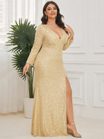 Elvira long sleeve dress with sequins and split in Gold Express NZ wide - Bay Bridal and Ball Gowns