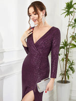 Elvira long sleeve dress with sequins and split in purple Express NZ wide! - Bay Bridal and Ball Gowns