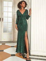 Elvira long sleeve sequins dress emerald size 8 Express NZ wide - Bay Bridal and Ball Gowns