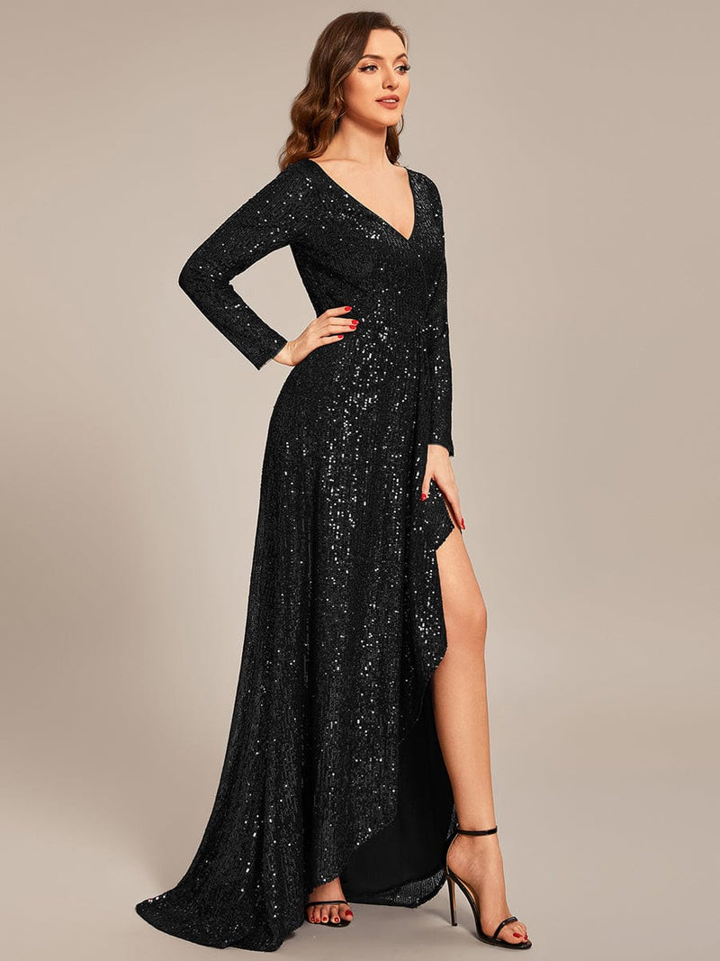 Felicity sequin full sleeve ball dress with split in Black s26 Express NZ wide - Bay Bridal and Ball Gowns