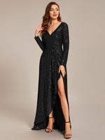 Felicity sequin full sleeve ball dress with split in Black s26 Express NZ wide - Bay Bridal and Ball Gowns