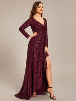 Felicity sequin full sleeve ball dress with split in burgundy - Bay Bridal and Ball Gowns