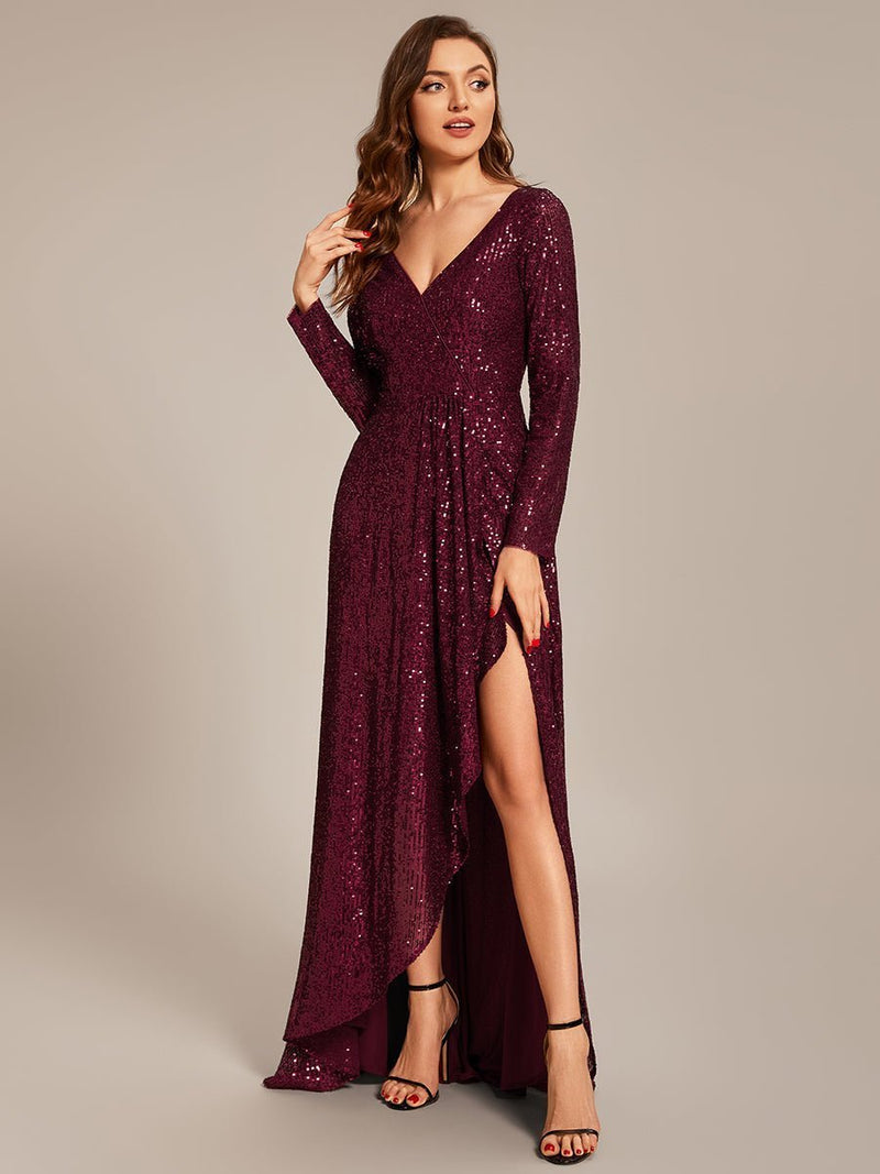 Felicity sequin full sleeve ball dress with split in burgundy s24 Express NZ wide - Bay Bridal and Ball Gowns