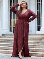 Felicity sequin full sleeve ball dress with split in burgundy s24 Express NZ wide - Bay Bridal and Ball Gowns