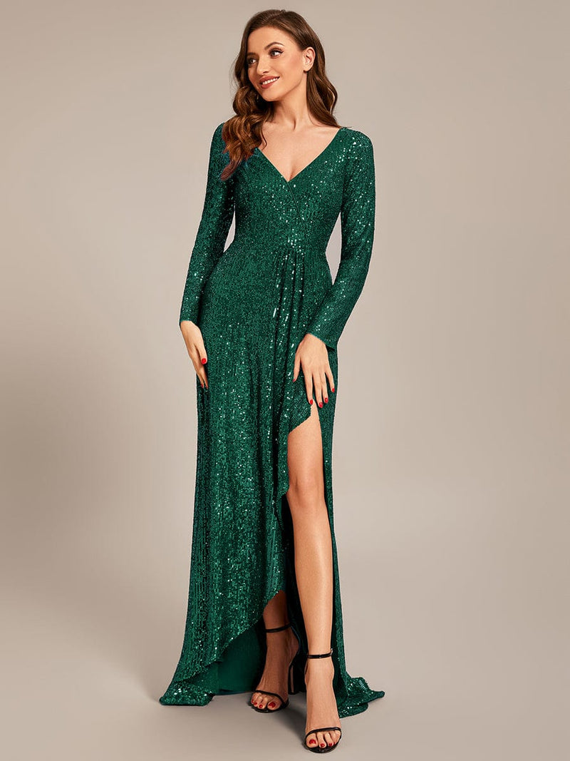 Felicity sequin full sleeve ball dress with split in Emerald s20 Express NZ wide - Bay Bridal and Ball Gowns