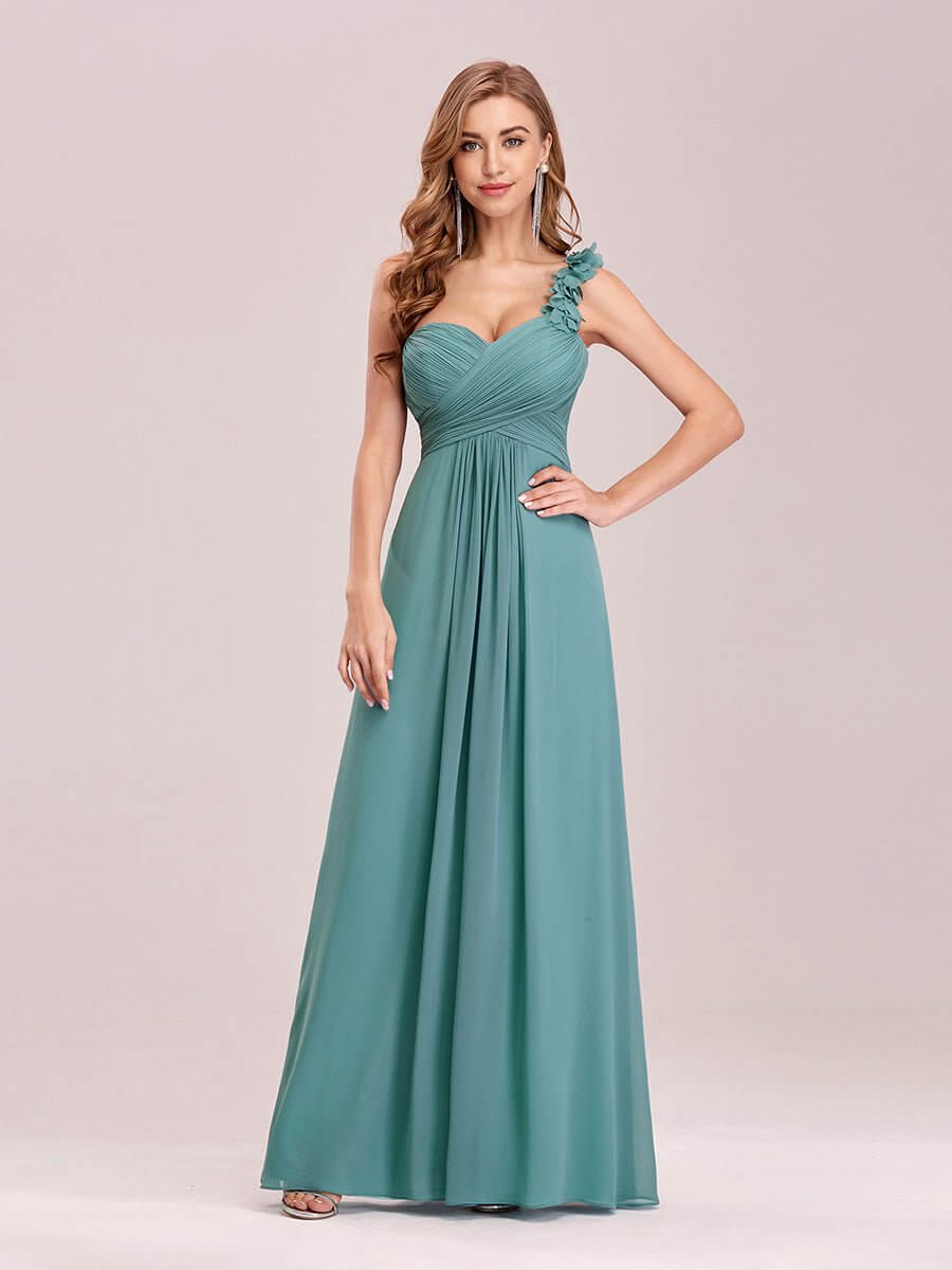 Gemma one shoulder chiffon gown in dusky blue Express NZ wide - Bay Bridal and Ball Gowns