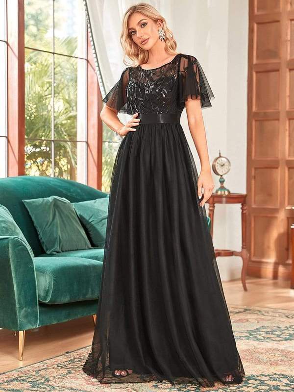 Georgia flutter sleeve evening dress in black s14 Express NZ wide