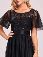 Georgia flutter sleeve evening dress in black s14 Express NZ wide - Bay Bridal and Ball Gowns
