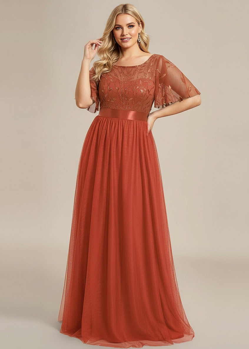 Georgia flutter sleeve leaf patterned tulle bridesmaid dress darker colors - Bay Bridal and Ball Gowns