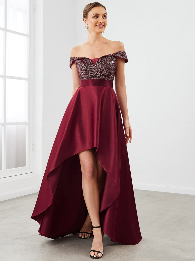 Harmony off shoulder satin ball gown in burgundy size 18 Express NZ wide - Bay Bridal and Ball Gowns