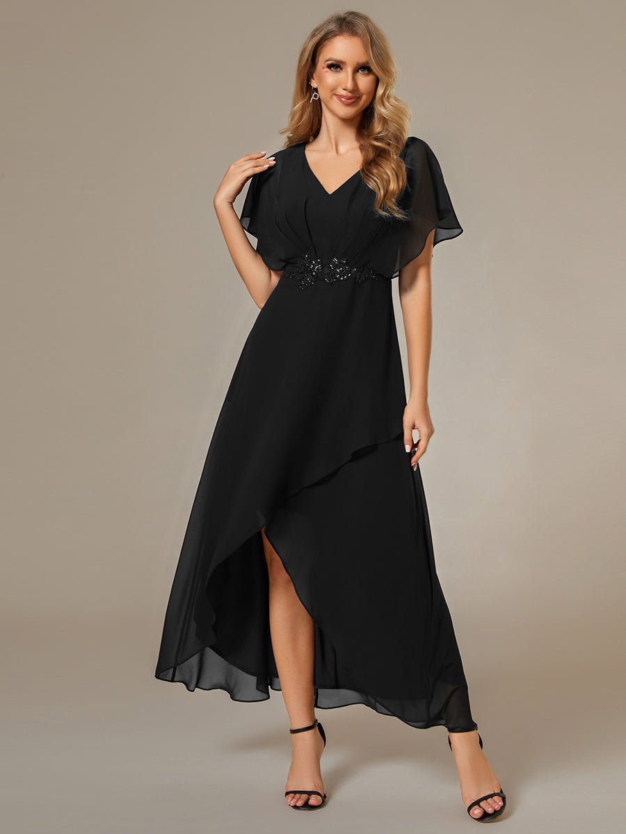 Haydie high low midi cape evening dress in black Express NZ wide - Bay Bridal and Ball Gowns