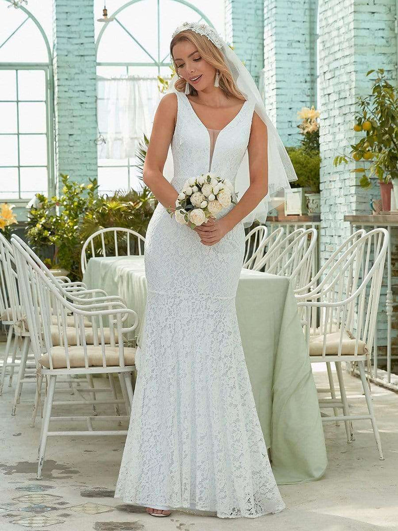 Heatherly full lace V neck fishtail wedding dress in ivory - Bay Bridal and Ball Gowns