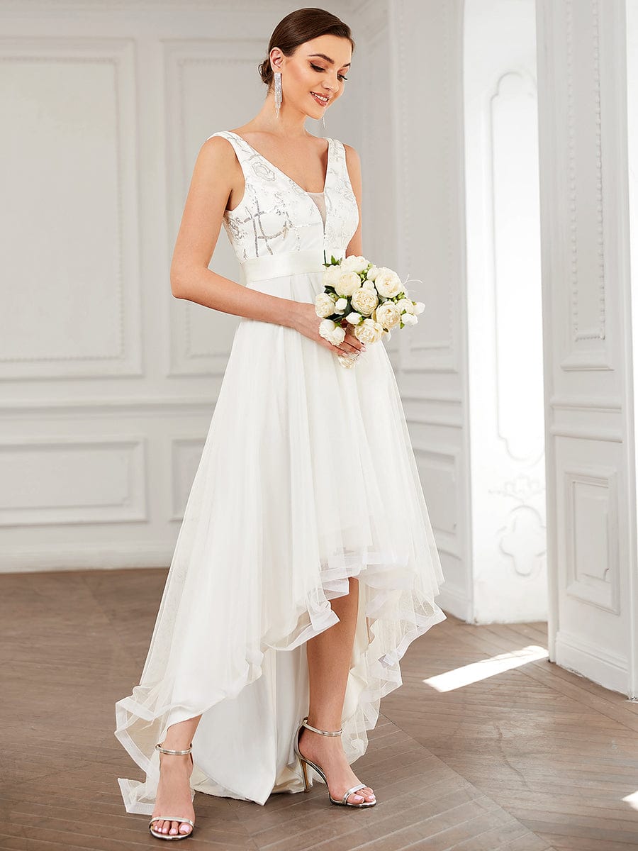 Helen tulle high low wedding dress with train in Ivory Bay Bridal