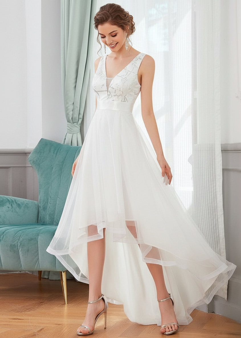 Helen tulle high low wedding dress with train in Ivory Express NZ wide - Bay Bridal and Ball Gowns