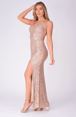 Hillary sequin strappy back school ball dress in rose gold Express NZ wide - Bay Bridal and Ball Gowns