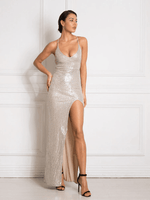 Hillary sequin strappy back school ball dress in silver/beige Express NZ wide - Bay Bridal and Ball Gowns