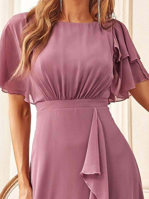Holly short sleeve bridesmaid dress with split in dusky rose Express NZ wide - Bay Bridal and Ball Gowns