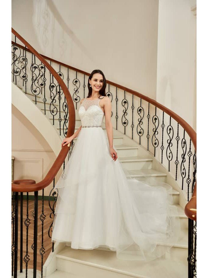 Natasha square neck full sleeved wedding dress in ivory | Bay Bridal