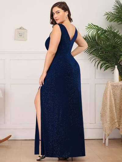 Jamie sparkling evening ball dress with side split in navy size 18 Express NZ wide - Bay Bridal and Ball Gowns